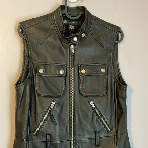 INC International Concepts Black Leather Moto Cargo Vest size S - Picture 2 of 14